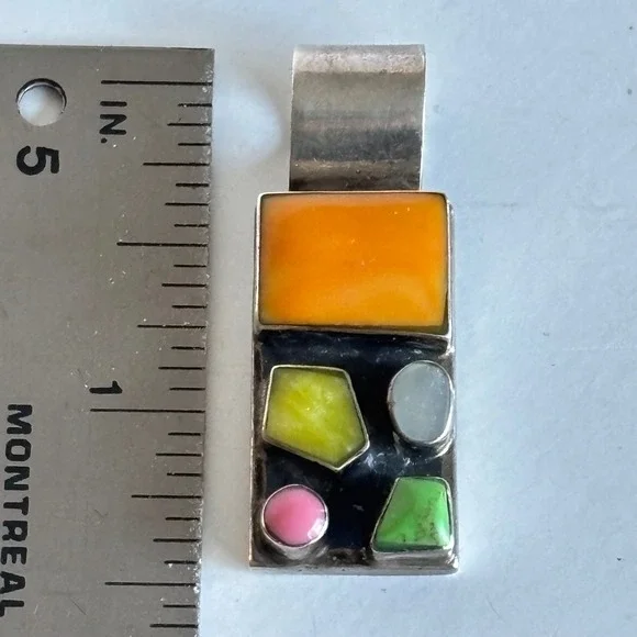 Modernist Sterling Silver Multi Stone Pendant Inlay Wearable Art Signed 925 - Picture 7 of 8